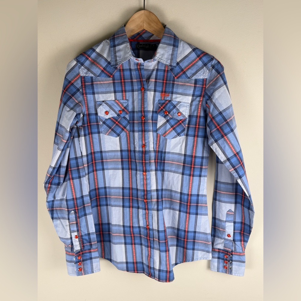 NWOT Cruel Girl Womens Pearl Snap Button Up Shirt Small Blue Orang Plaid Western
